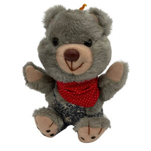 Dan Brechner Gray 9" Sitting Plush Bear Vtg Overalls Bandana Stuffed Animal Toy